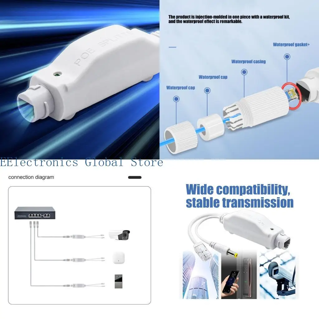 462B 48V To 12V POE Splitter Waterproof Outdoor Power Supply Module IEEE802.3Af 10/100Mbps Speed For Networking Cameras Wireless