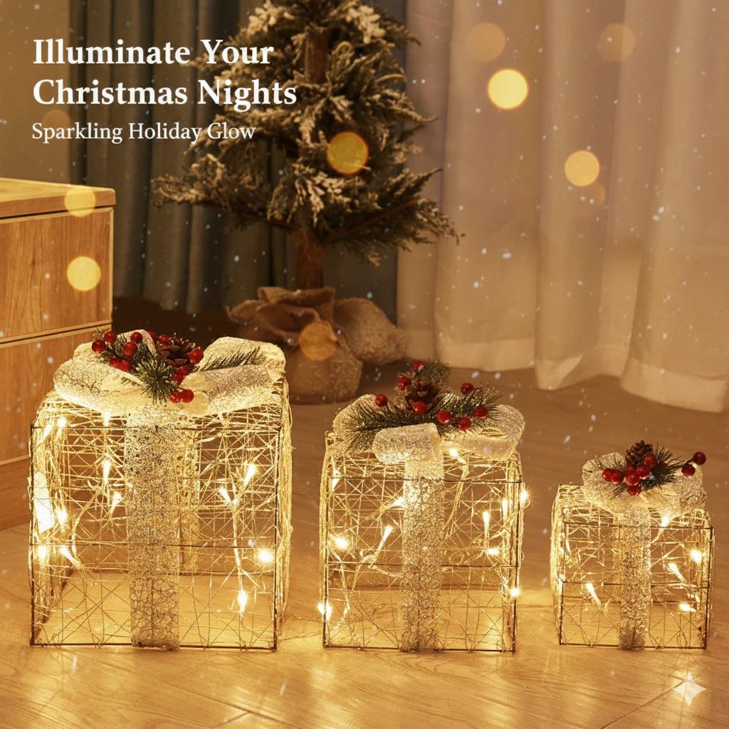 

3PCS LED Light Up Gift Boxes With Silver Ribbon And Holiday Accents For Elegant Indoor Christmas Display Or Table Decor