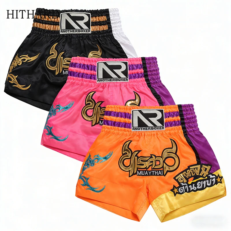 Muay Thai Shorts for Kids Men Women Thai Script Embroidery Boxing Shorts Martial Arts MMA Kickboxing Training Fight Shorts S-3XL
