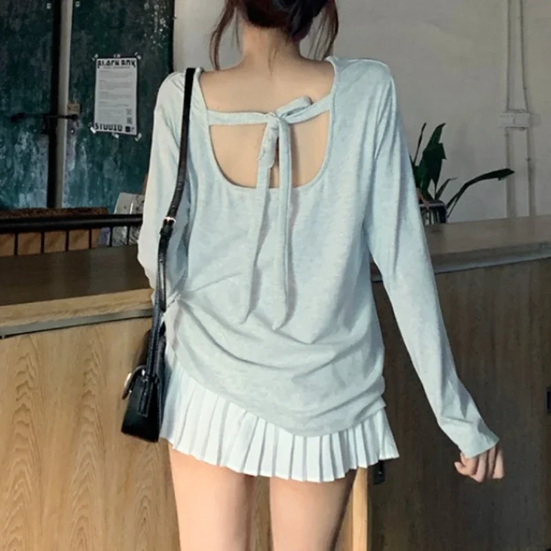 Back Hollow-out Bow Lace-up T-shirts Women O-neck Long Sleeve Solid Color Loose Tops Autumn Casual Versatile Sweet Tees Female