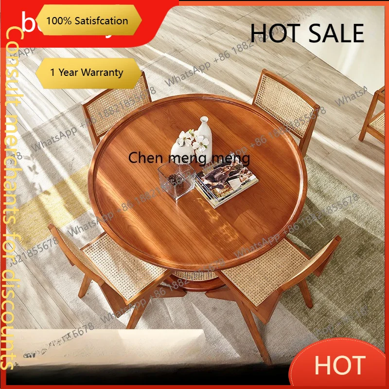 D5556 s6601 Solid wood rattan round table household small apartment round dining table wabi sandy wind log table and chair combi
