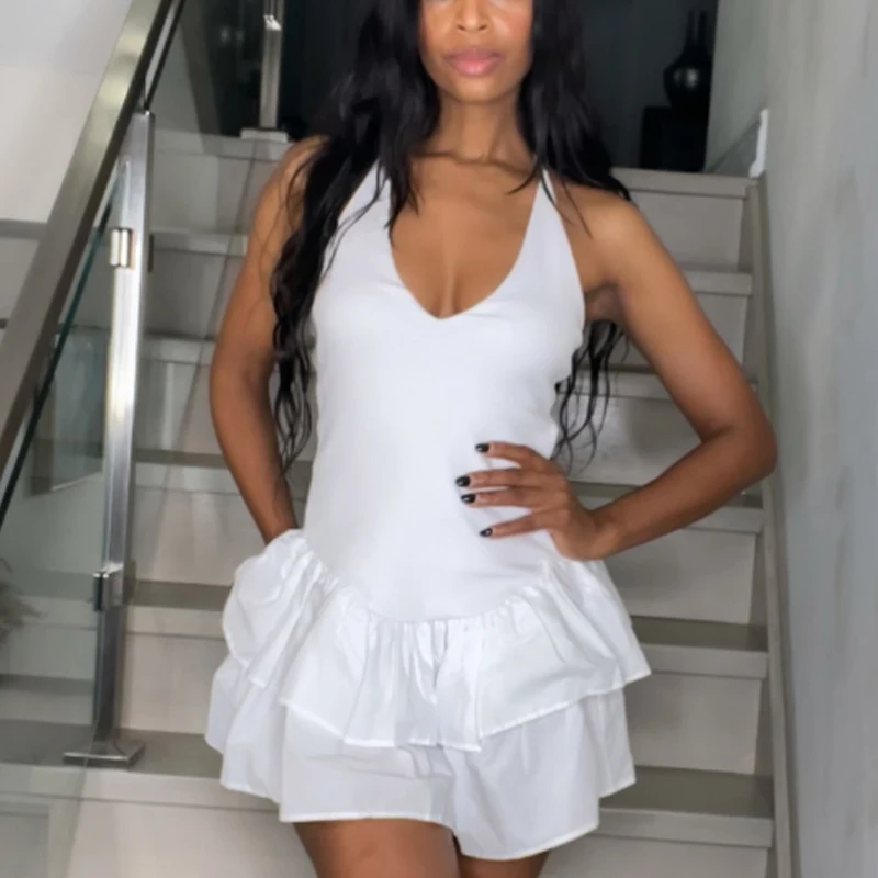 Hxao sólido vestidos curtos 2025 mulher verão sexy sem costas vestido de festa halter fora do ombro em camadas mini vestido com decote em v vestido de verão 088