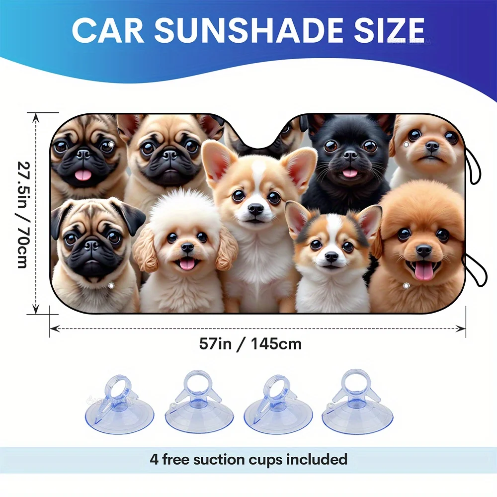 1 قطعة 57 "X 27.5" مظلة زجاج السيارة الأمامي مع 4 أكواب شفط مجانية، تصميم الكلاب الصغيرة، مظلة شمسية للزجاج الأمامي لسيارات شاحنات الدفع الرباعي، Pro #2