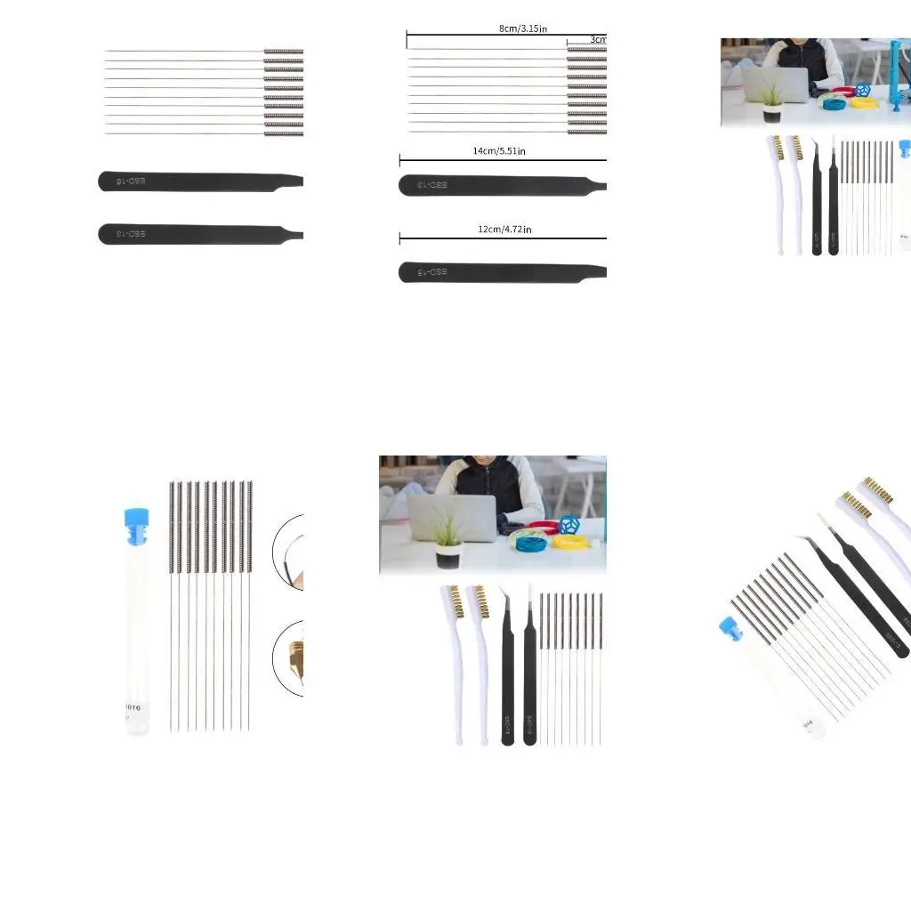 

652F 15 Pcs Printer Nozzle Cleaning with 0.2/0.25/0.3/0.35/0.4mm Needles +Brushes + 2Pcs Tweezers Set Stainless Steel