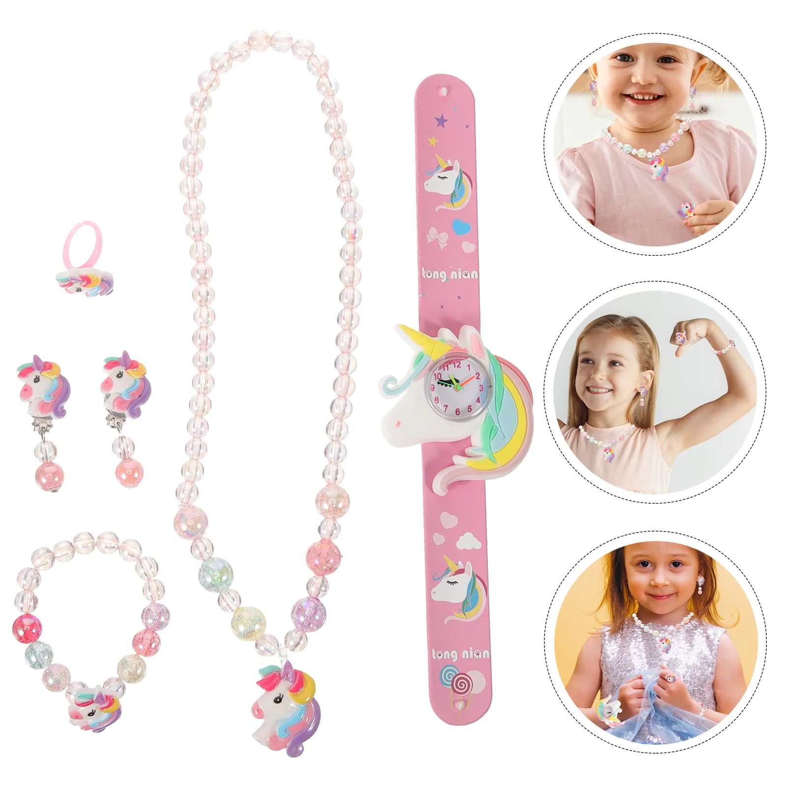 Anello elastico in silicone carino unicorno alla moda + orecchini collana braccialetto set orologio digitale gioielli per ragazza per ragazze bambino in plastica