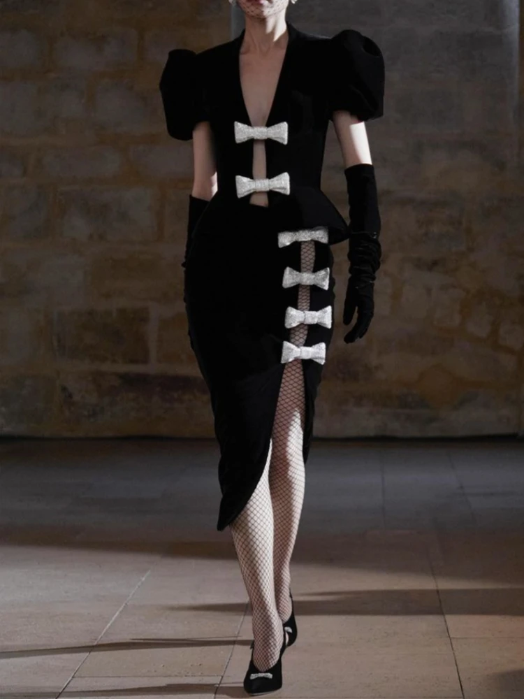 Women Short Sleeves Black Velvet Skirts Two Piece Set Sexy V Neck Diamonds Bow Top+Midi Split Skirt Suits Evening Party Cocktail