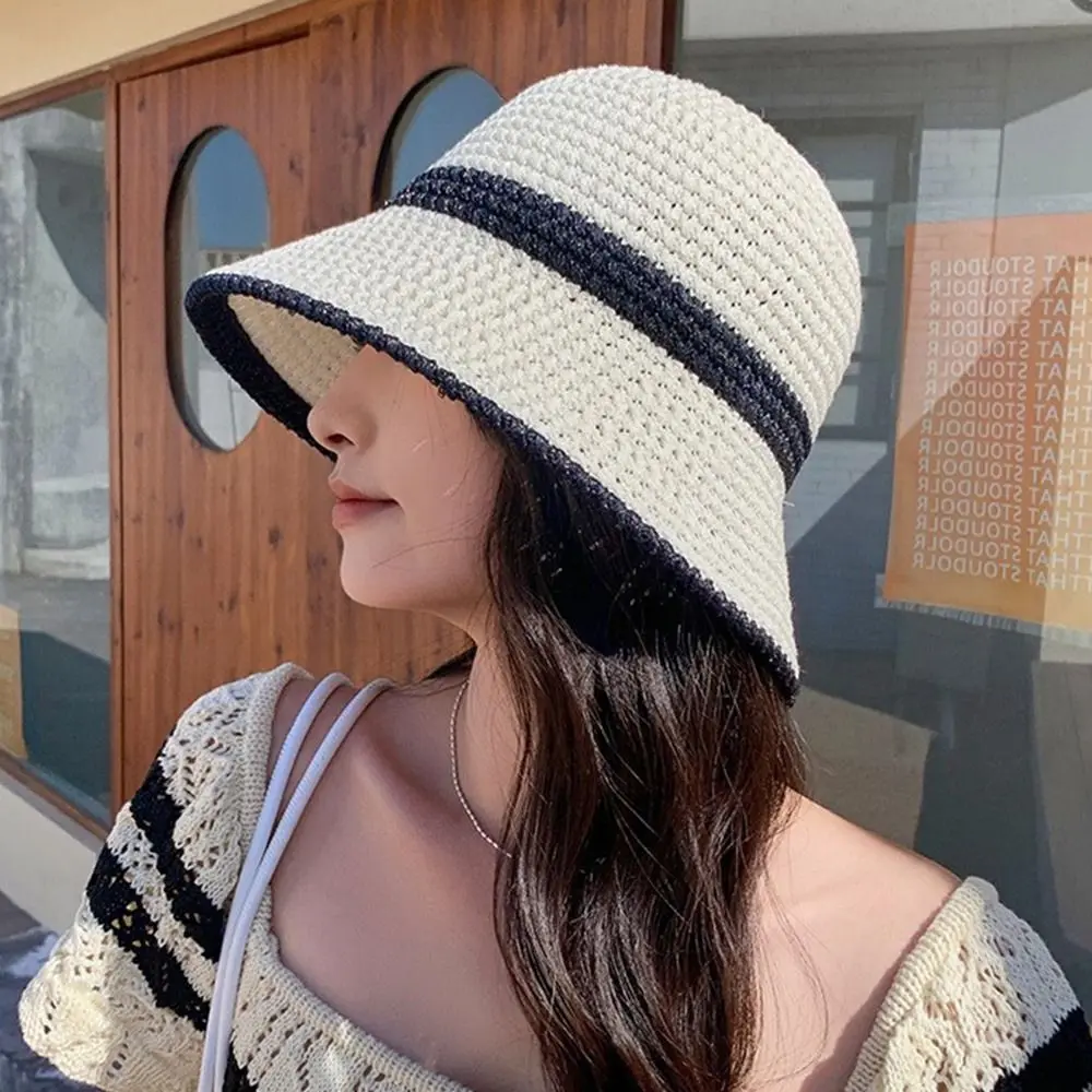 Neuer Hochwertiger Modischer Tragbarer Lässiger Gestrickter Bucket Hat Atmungsaktiver Faltbarer Fischerhut Hohler Bucket Hat für den Strand