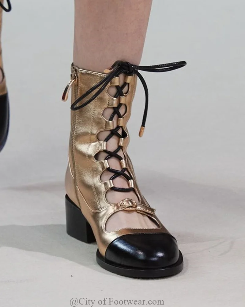 

Gold and Black Round Toe Chunku Heel Leather Mid Calf Boots Lace up Short Boot 2024 Runway Luxury Designer Big Size Shoes