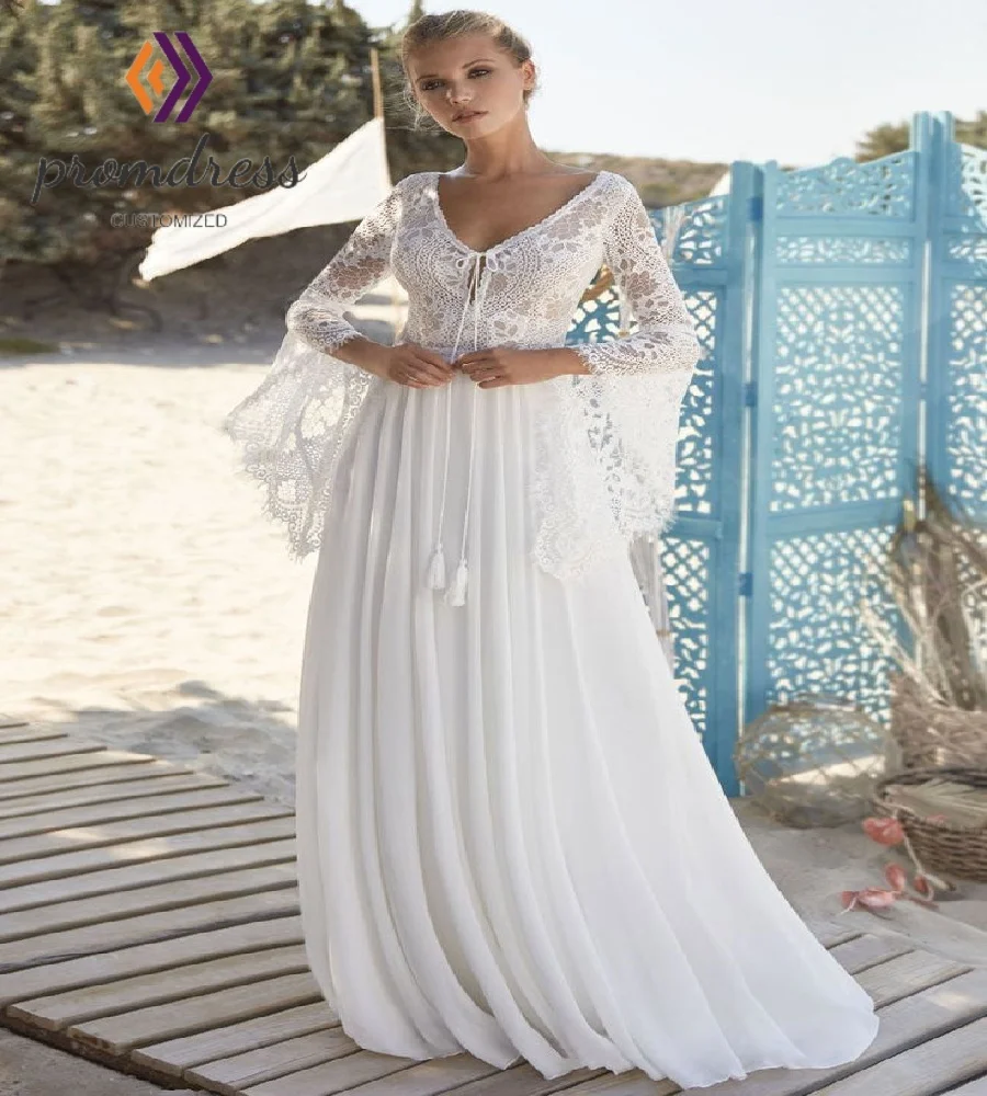 Струящееся свадебное платье в стиле бохо с расклешенными рукавами, кружевное богемное свадебное платье с V-образным вырезом, белое платье невесты в стиле гражданской страны, минималистичный пляж
