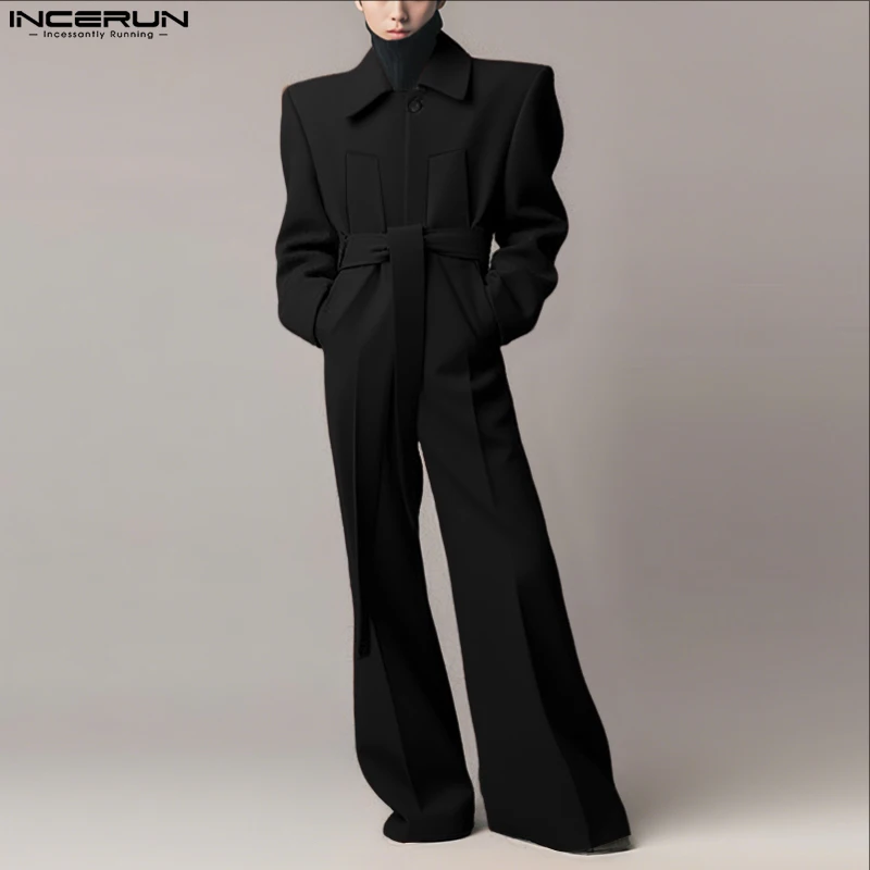 

INCERUN Men Overalls Solid Color Lapel Long Sleeve Casual Wide Leg Jumpsuits Loose Streetwear 2025 Fashion Male Rompers S-5XL