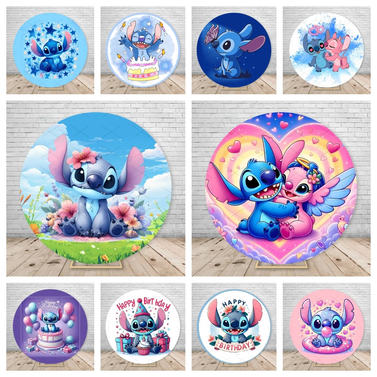 

Lilo & Stitch Backdrops Girl Boy Elastic Round Cover Happy Birthday Photography Background Baby Show Decorations Photo Studio
