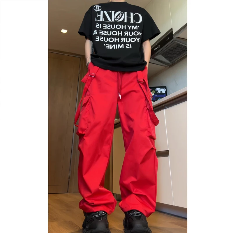 

American Sle Red Workwear Pants for Men Straight Leg Wide Leg Trousers Detachable Straps Ba to School Early Autumn Outfit