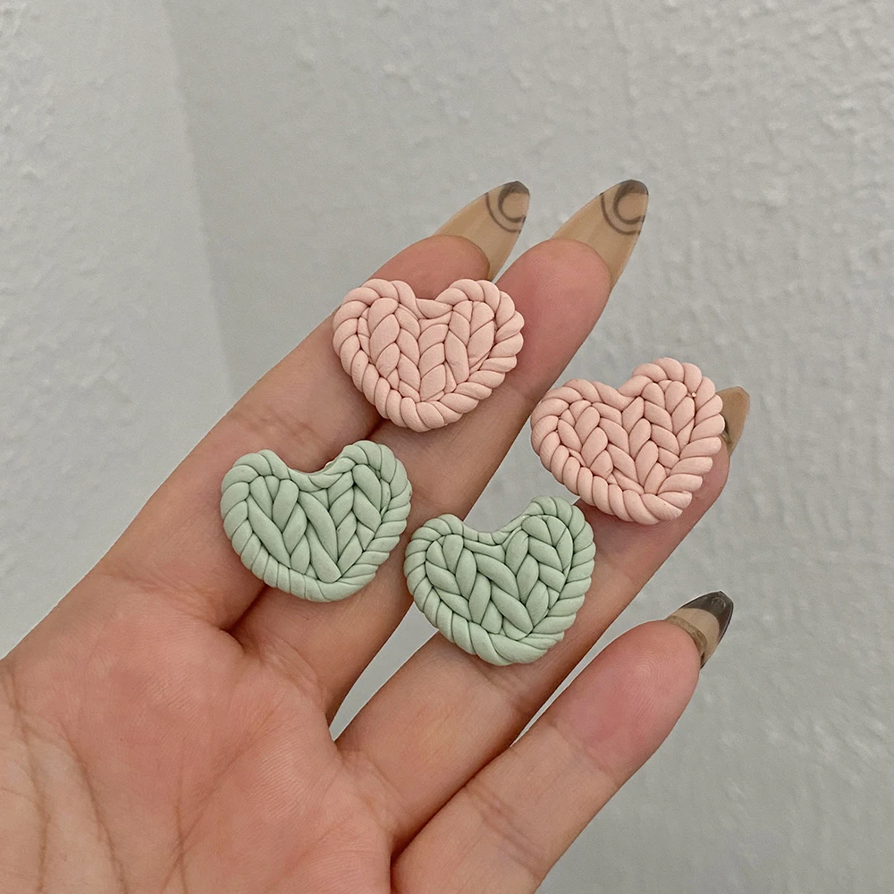 AENSOA Romantic Sweater Knit Love Heart Polymer Clay Stud Earrings for Women Handmade Braided Statement Earrings Party Jewelry