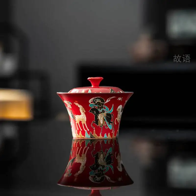 King Illustration Dunhuang Nine-Colored Deer Cultural Creative Cup With Lid Kung Fu Set Tea Bowl Gift National Trend