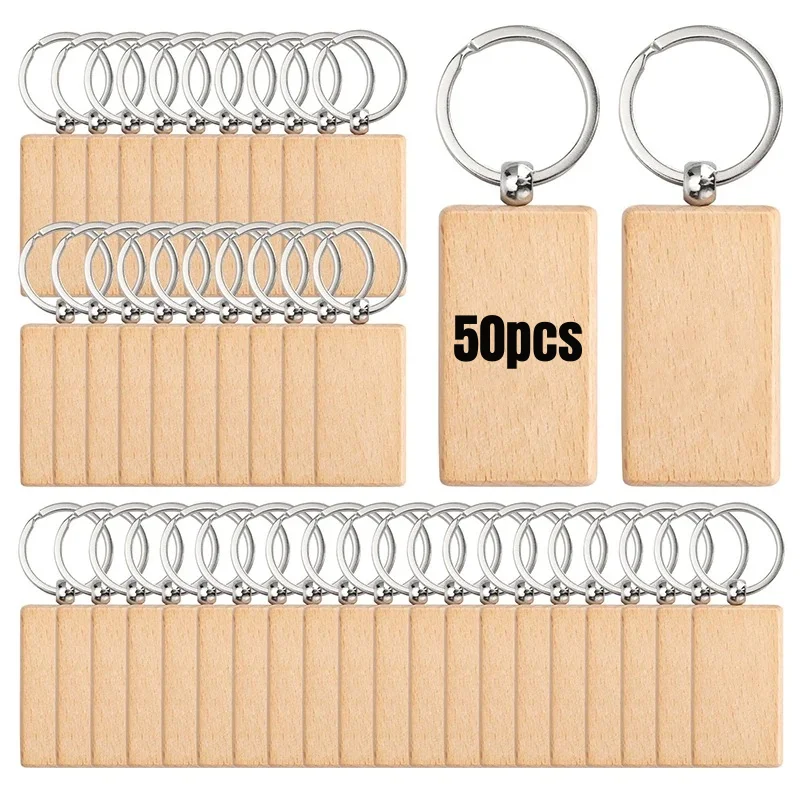 50 Pieces Blank Wooden Key Tag Key Engraving Blanks Unfinished Wood Keychain Key Ring Key Tags For DIY Crafts