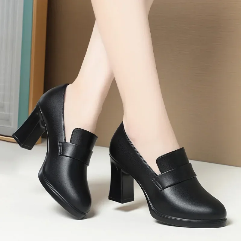 

5cm 7cm Fashion Comfortable Black Soft Leather Shoes Deep Mouth Spring 2024 Block Heels Shoes Women for Office Mom Model