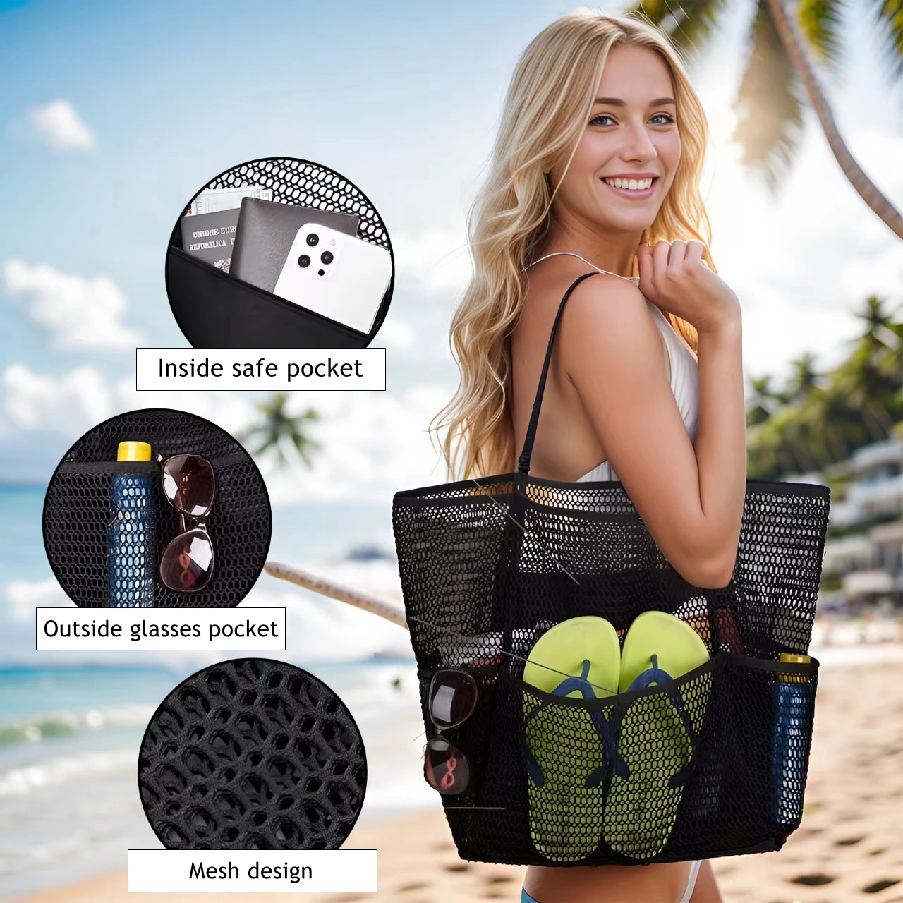 New Design Beach Shoulder Bag Women Summer Casual Mesh Bag Portable Storage Bag Hollow Travel Shopper Totes Handbag