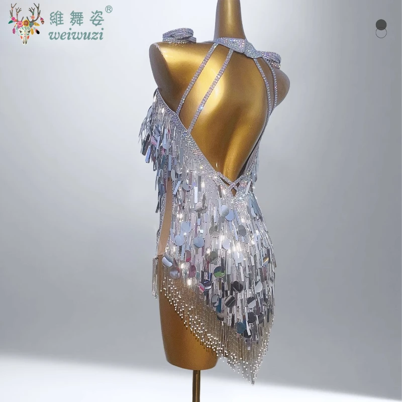 Latin Dance Dress High-end Custom Silver Sequin Tassel Design High Flash Rhinestone Female Adult Stage Professional Clothing