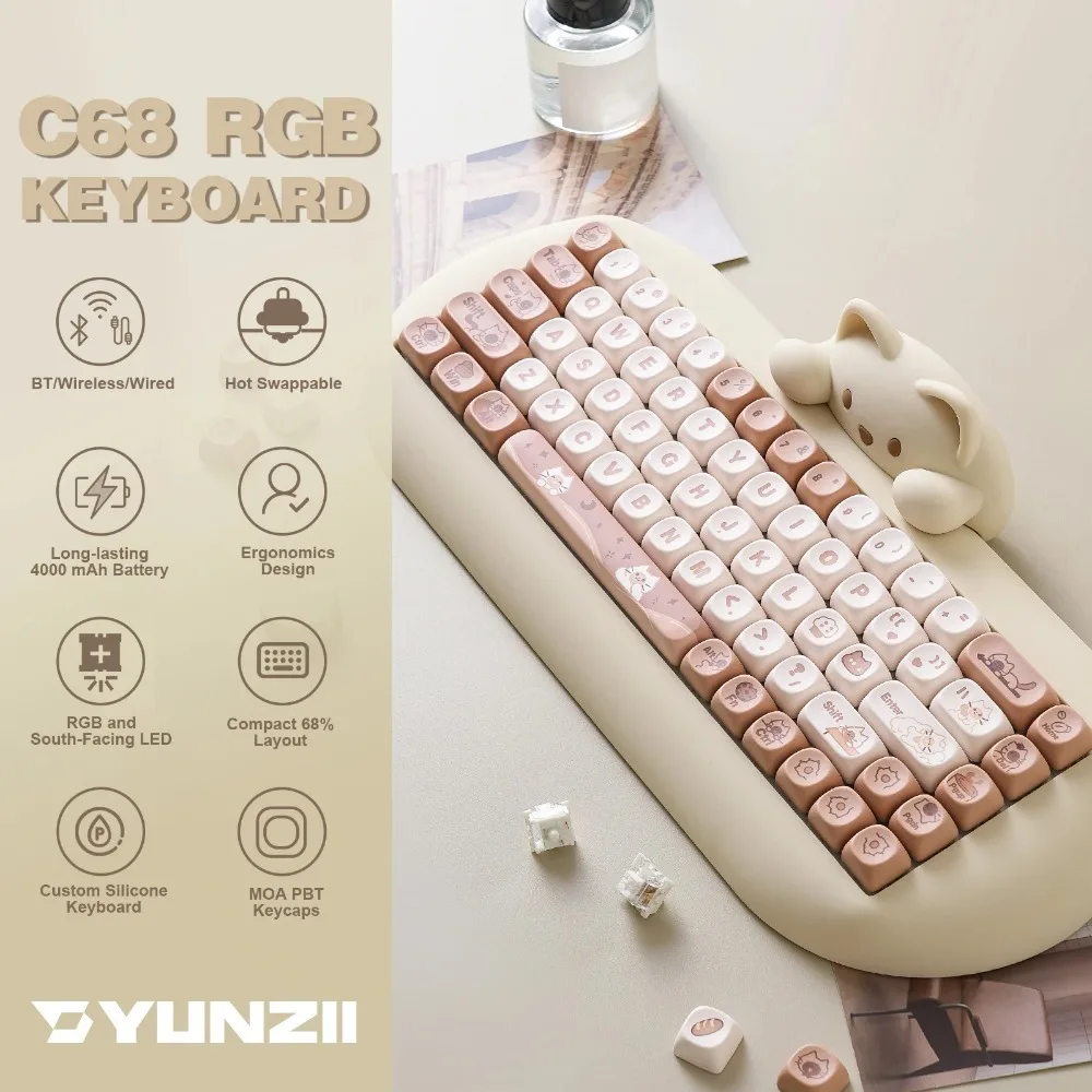 

YUNZII C68 Mechanical Keyboard Tri-Mode Wireless Ergonomic Silicone Keyboards Hot Swap RGB Long Battery Life Gaming Accessories