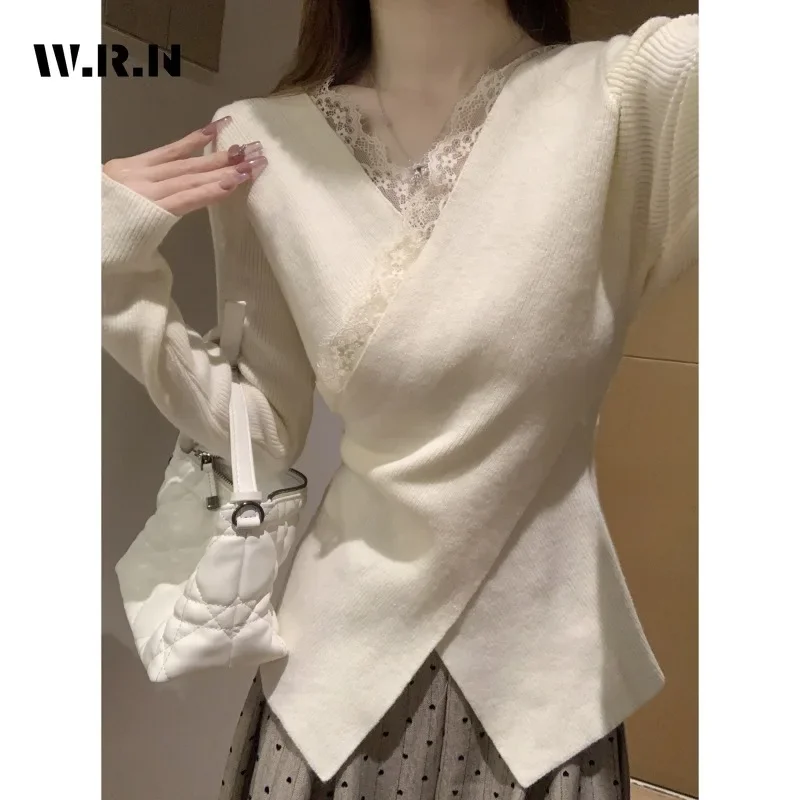 2025 Winter Elegant Sweet V-Neck T-Shirts Knitting Long Sleeve Lace Pullovers Women Chic Sexy Sweater Slim Fit Fairy Top