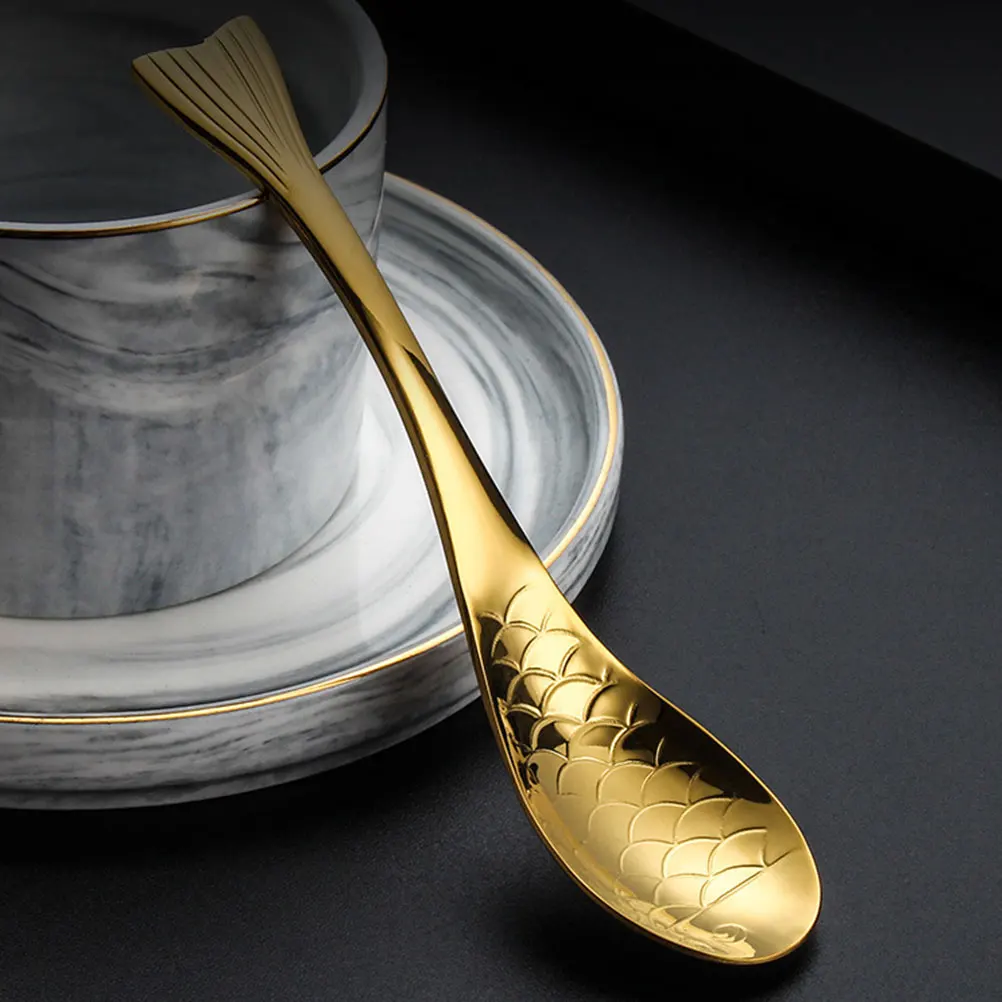 

2 Pcs Stainless Steel Fish Spoon Polished Ergonomic Coffee Stirring Tea Spoon Luxury Smooth Edges Comfortable Tableware