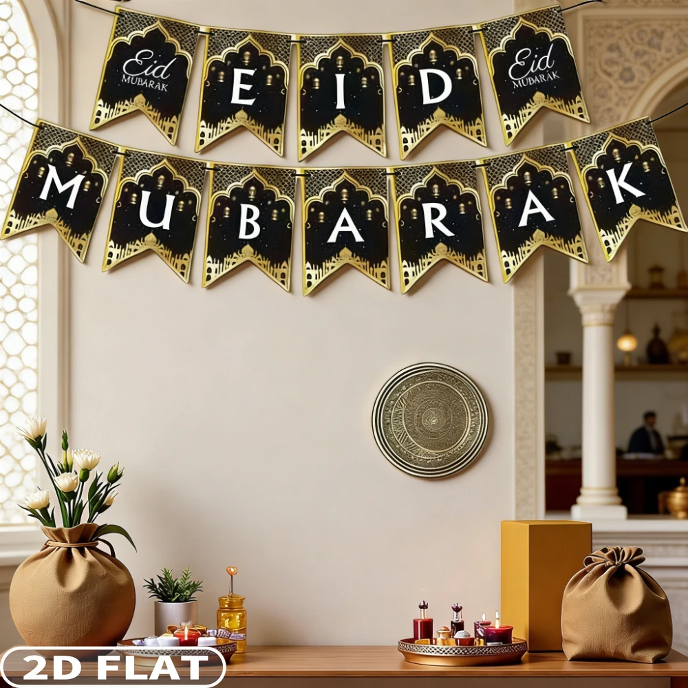 

2D FLAT 12pcs Polyester Ramadan Hanging Flag, 15x18cm/5.9x7.1 Inch Black and Golden Party Supplies with Crescent Moons and Stars