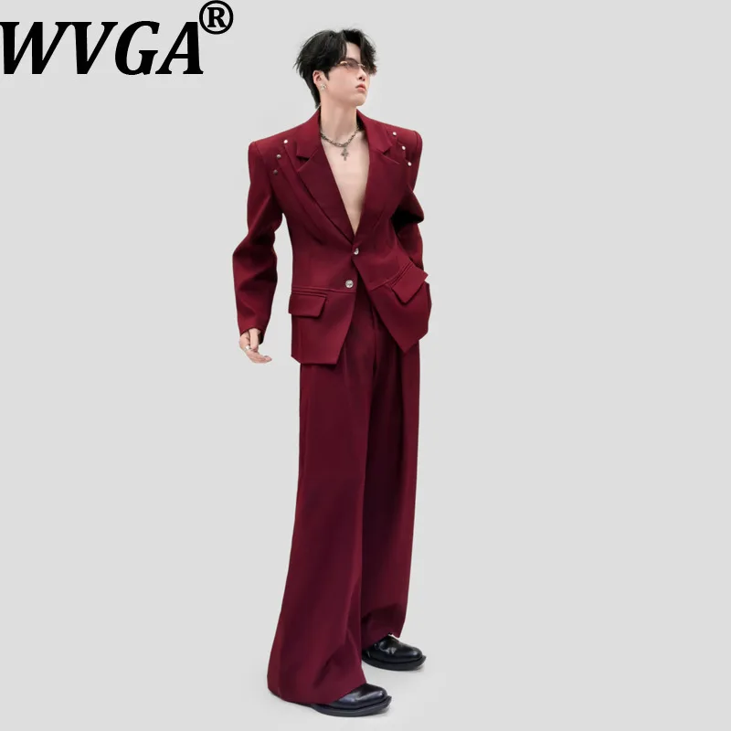 WVGA Spring Autumn New Men's Pleated Deconstructed Patchwork Design Rivets Padded Shoulders Blazer Niche Casual Pants Set W27695