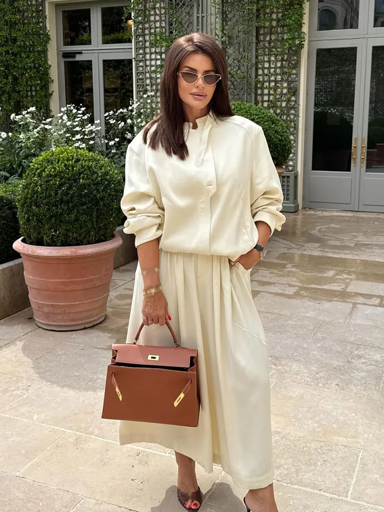 

HH Women Fashion Button Pocket Zipper Design Long Sleeve Casual Jacket+Beige High Waist Loose Wrinkled Pants 2-Piece Set