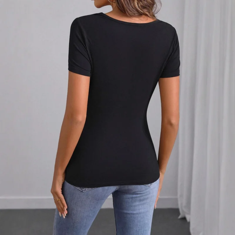 Spot Goods2025T-shirt da donna a maniche corte ricamata moda semplice tinta unita da donna nuovo stile estivo