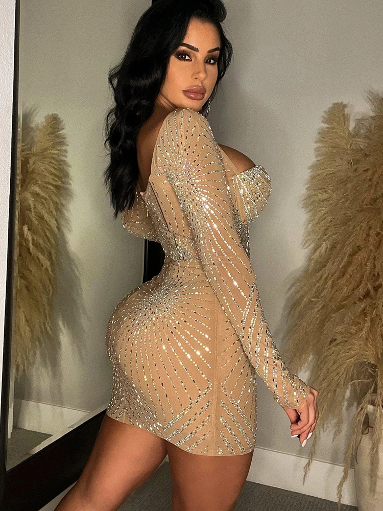 Kricesseen Sexy Rhinestone Decor Sheer Mesh Bodycon Dress Skinny Mini Dress New Women Long Sleeve Night Clubwear Mini Dress