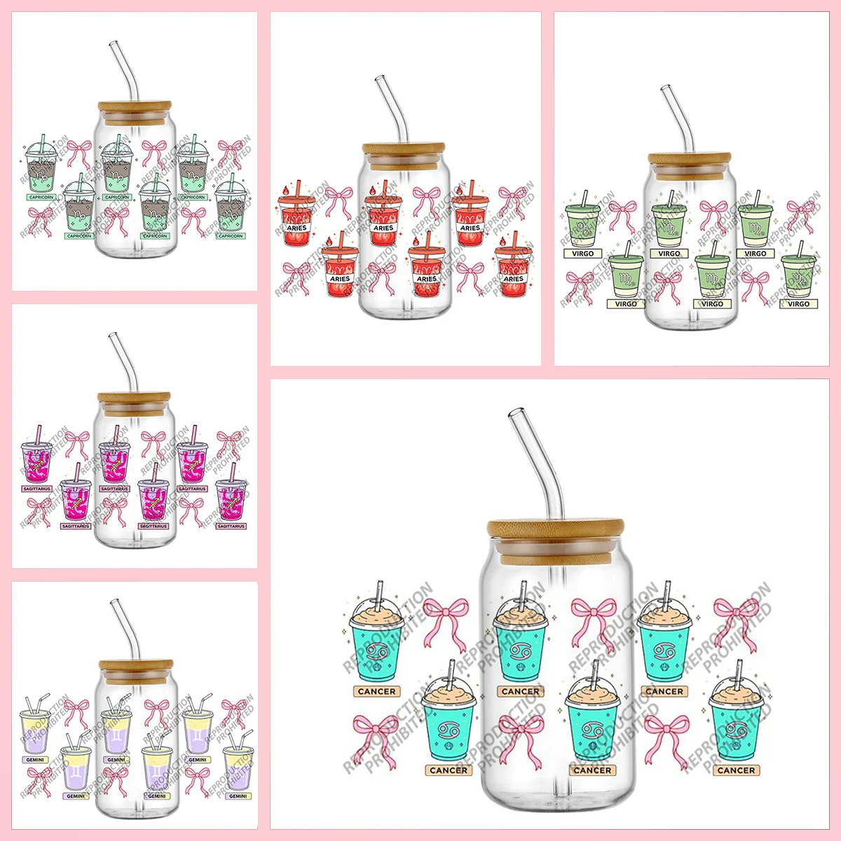

Soda Drinks Constellation UV DTF Cup Wraps Stickers for 16oz Tumbler Twelve Zodiac Signs with Pink Bow Waterproof Vinyl Stickers