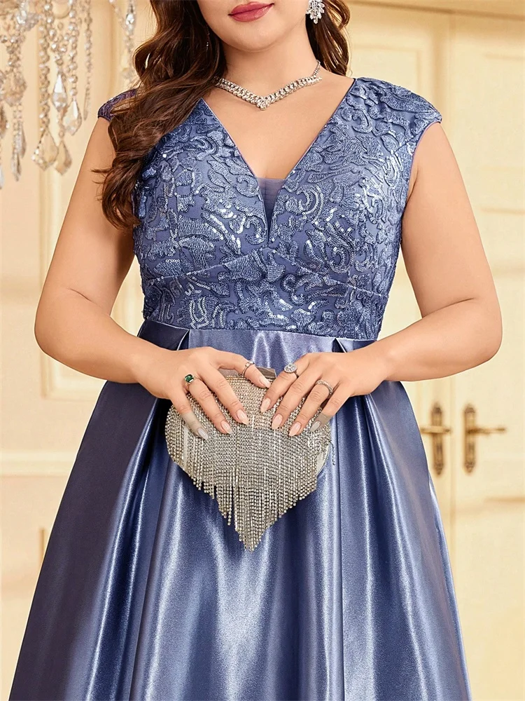 فستان سهرة فاخر من الساتان بدون أكمام مقاس كبير أنيق طويل ترتر لصق على شكل حرف a لحفلات الزفاف الرسمية وحفلات الكوكتيل #6