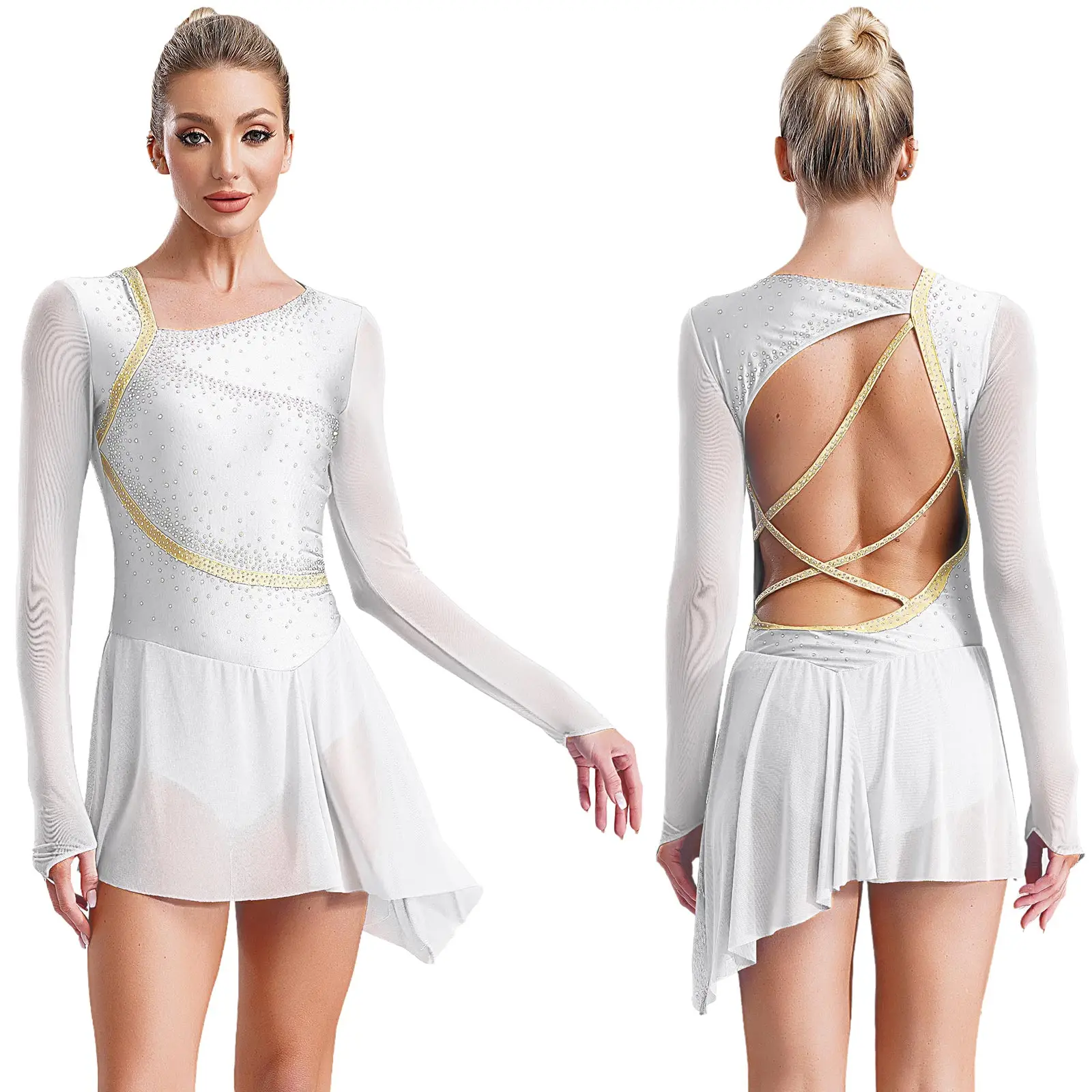 

Modern Skating Dance Costume Women Adult Sheer Mesh Long Sleeve Tulle Dress for Figure Ice Skating Gymnastic Ballet Dance Wear