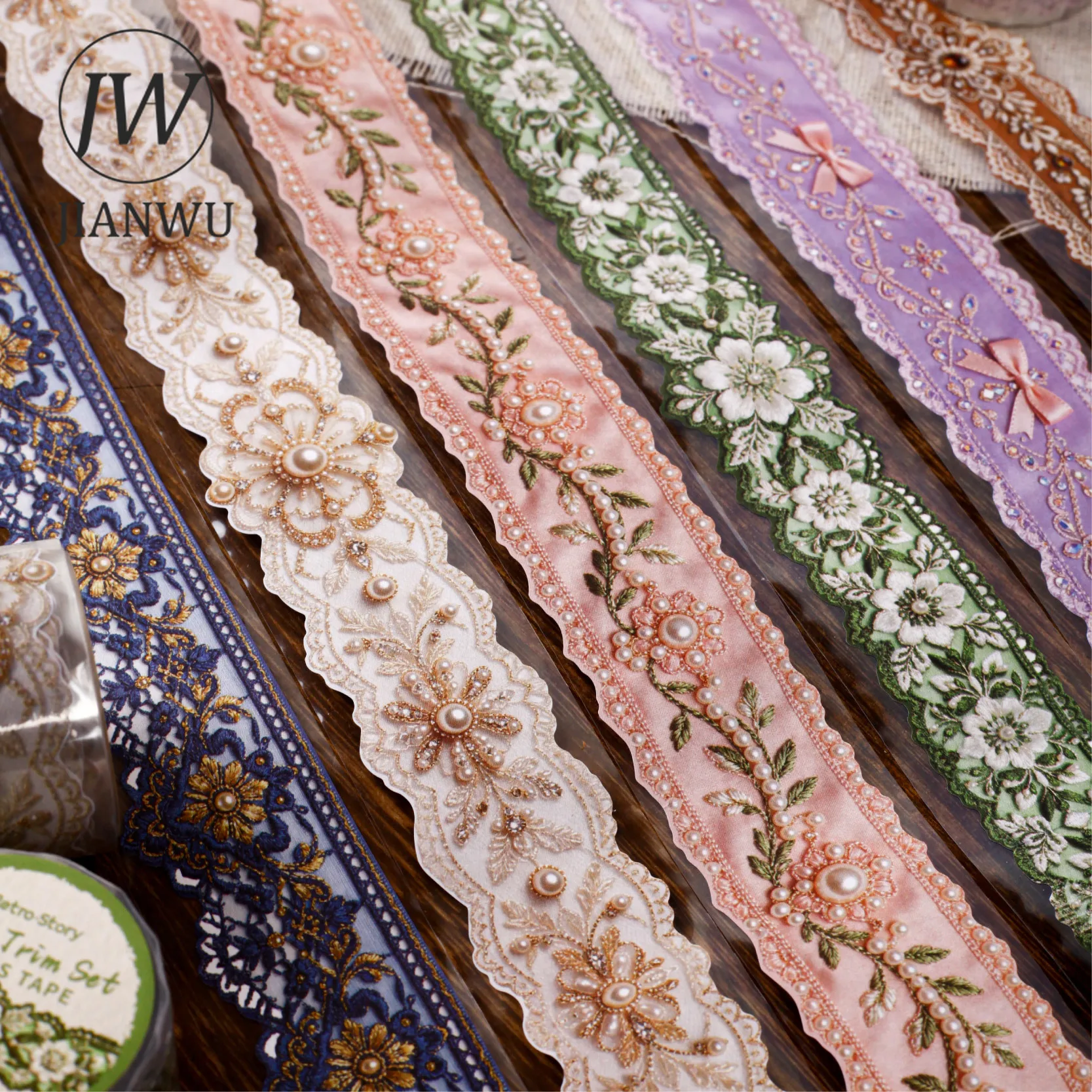 JIANWU Ruban Adhésif Vintage 30mm*200cm pour Collage, Scrapbooking, Journal Créatif et Papeterie, Motifs Dentelle, Bijoux, Perles, Fleurs et Paysages