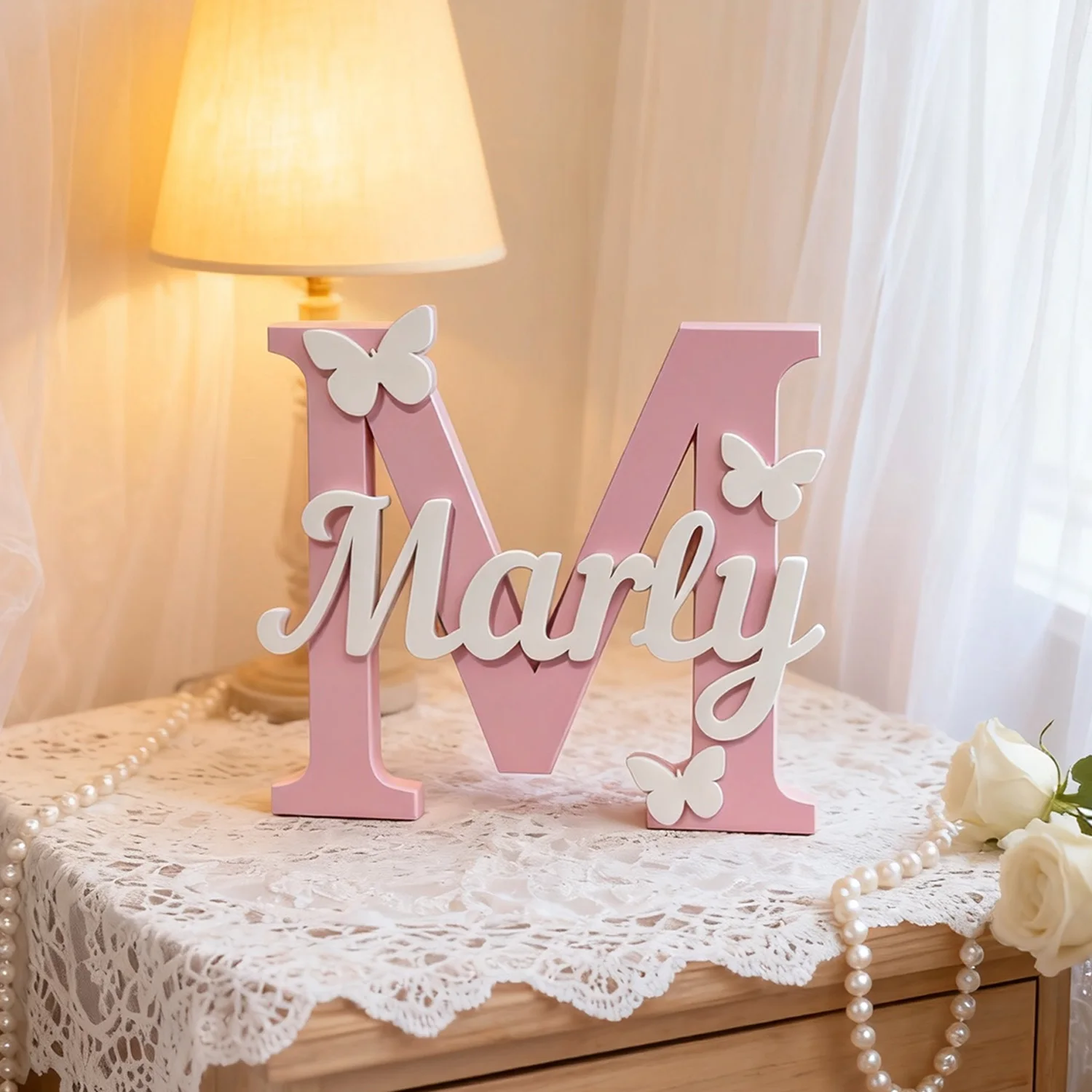 1pc Custom Initial Letter Wooden Name Sign with Butterfly Accents Personalized Tabletop Home Decor Plaque