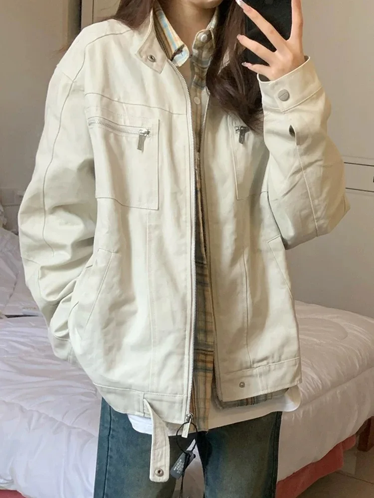 

Американская повседневная куртка свободного кроя с воротником-стойкой, винтажный стиль, рабочая одежда, верхняя одежда для отдыха, из полиэфирного волокна, с длинными рукавами, на молнии