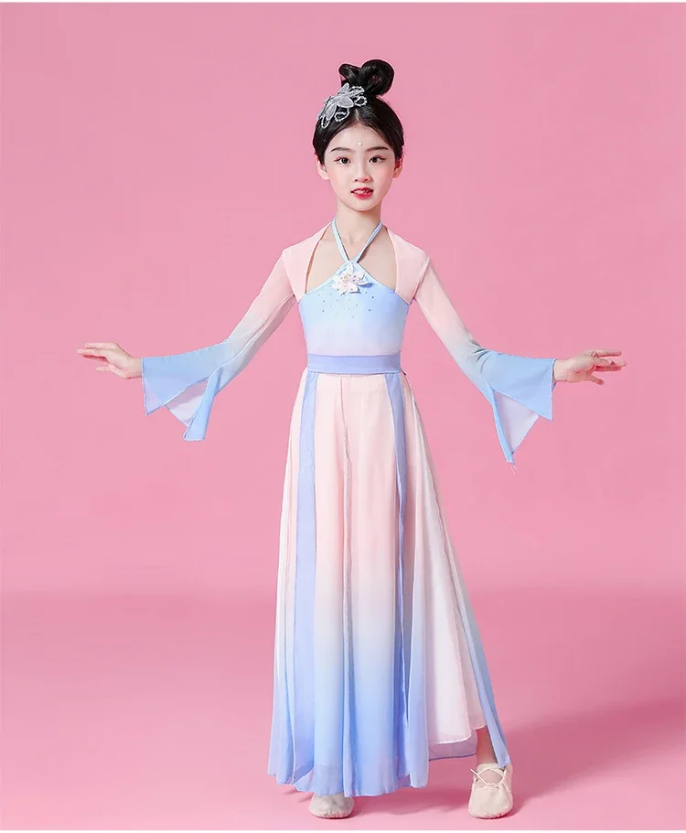 Hanfu ชุดจีนชุดคลาสสิกสำหรับเด็กชุดเต้นรำแบบมีร่มสำหรับเด็กผู้หญิงสไตล์พื้นเมือง