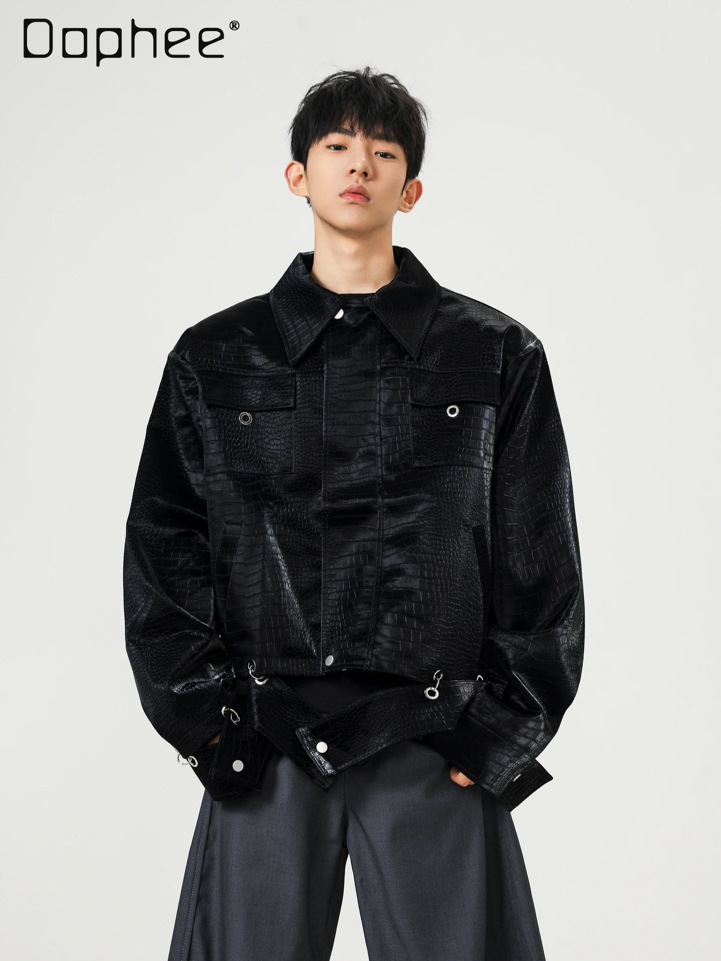 

American High Street Style Lapel Black Pu Leather Jacket for Men Spring and Autumn Loose Fit Motorcycle Short Casual Jacket