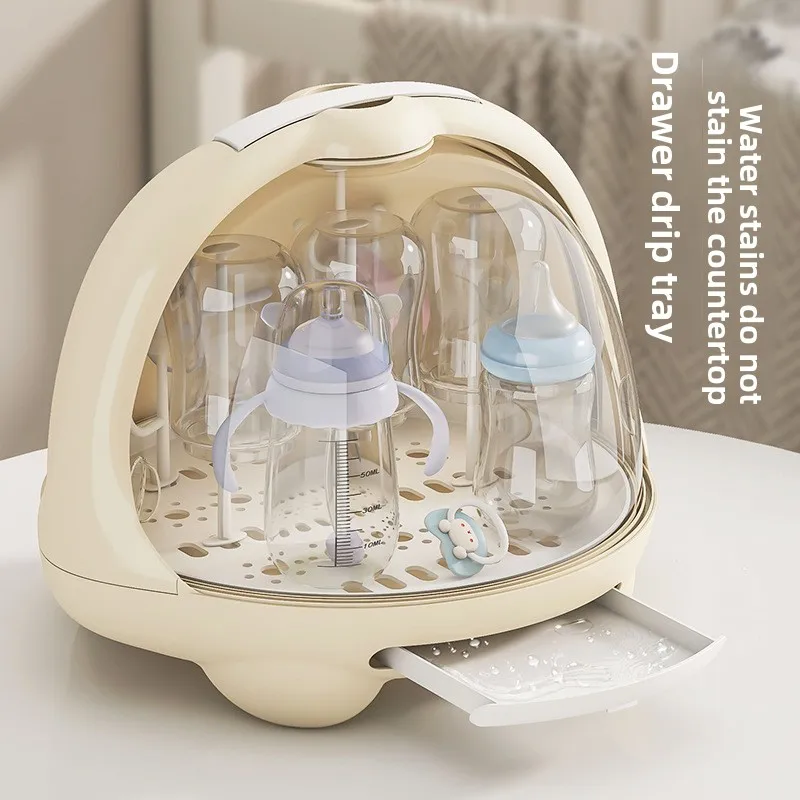 

Baby Tableware Organizer Box, Rotatable Dustproof Storage Cabinet with Draining Rack, Removable Tray, Vent Holes, Stable Base