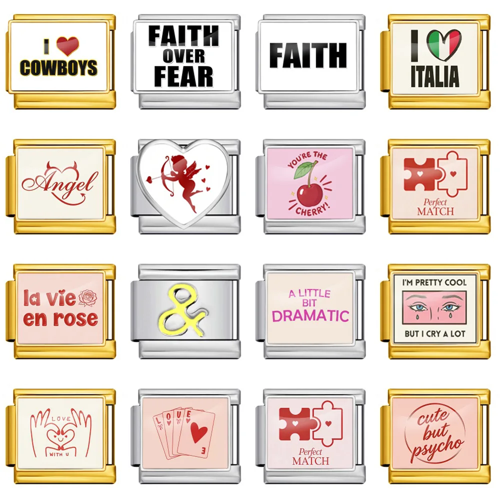 Berloque de Aço Inoxidável para Pulseira, com Palavras em Inglês (Faith, Finger, Rose, Ciao Bella, Fear) e Design Italiano, Compatível com 9mm, para Fabricação de Joias DIY