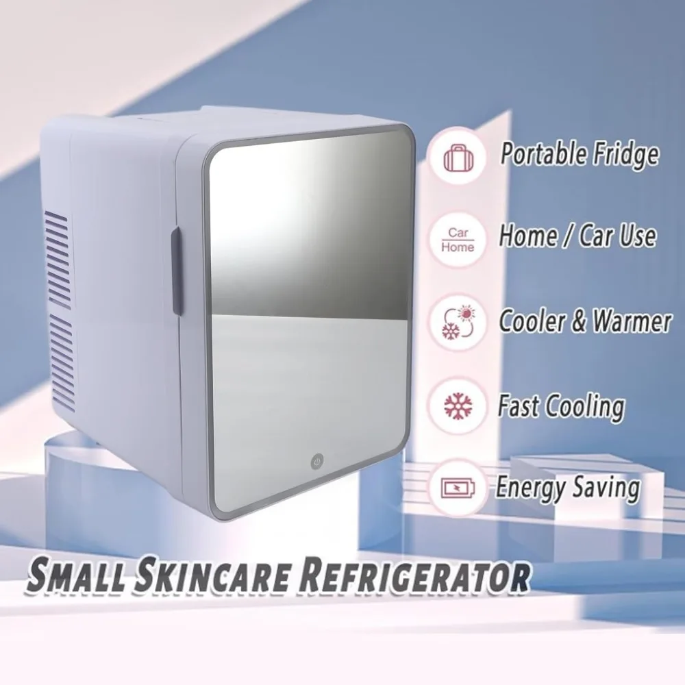 ثلاجة صغيرة للعناية بالبشرة، ثلاجة تجميل صغيرة محمولة سعة 10 لتر مع مرآة LED قابلة للتعتيم للتبريد والمكياج/العناية بالبشرة
