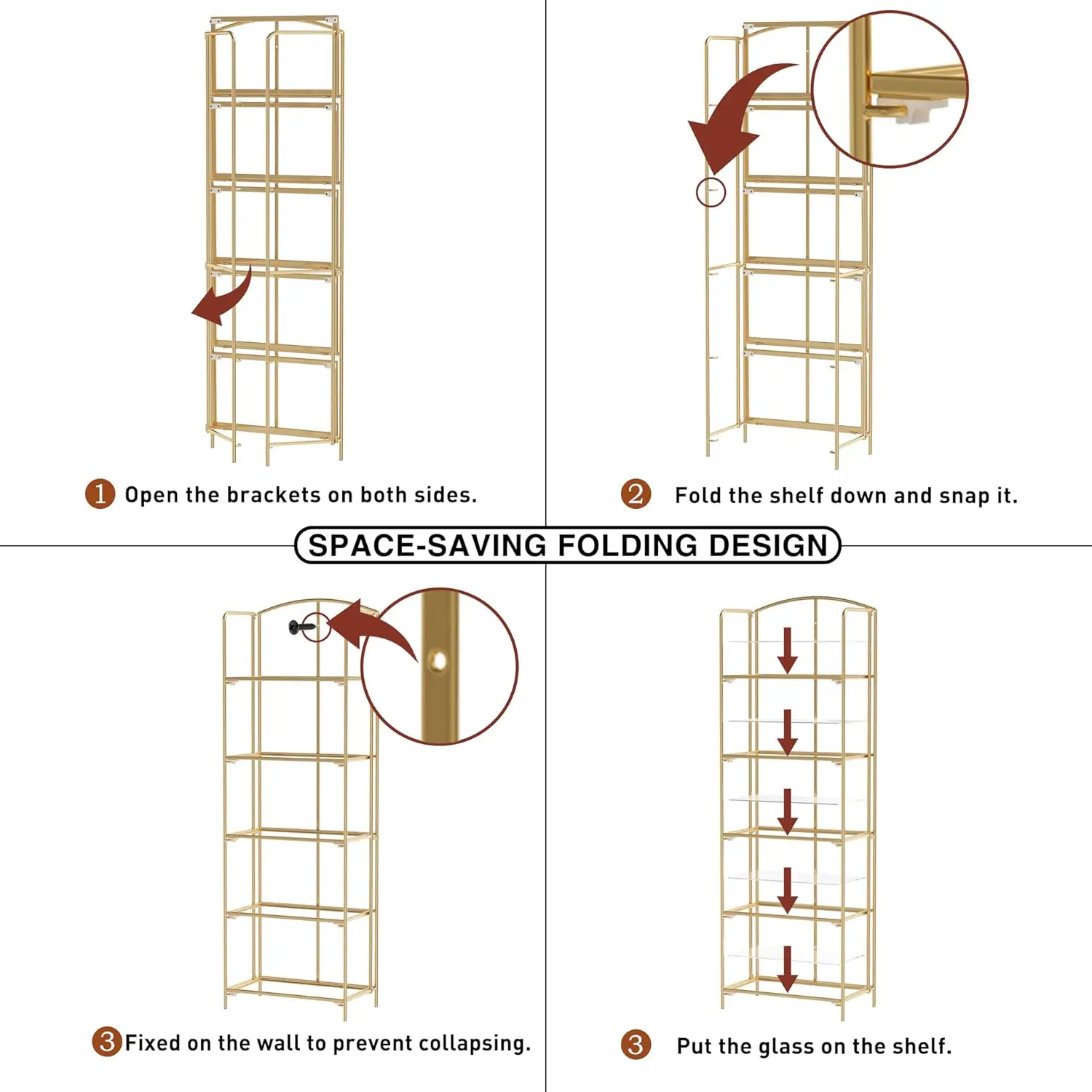 رف كتب قابل للطي بدون تجميع لغرفة المعيشة، رف كتب ذهبي قابل للطي مكون من 5 طبقات للمكتب المنزلي #4
