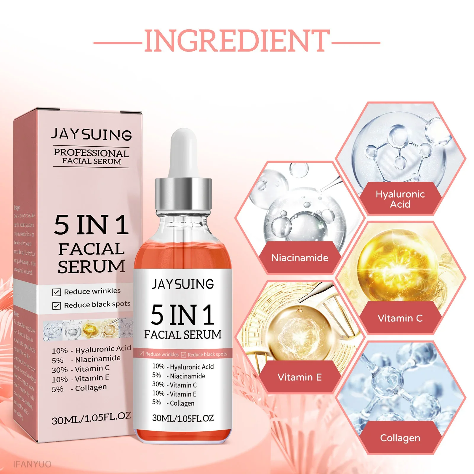 5 In 1 Face Serum Anti Wrinkle Hyaluronic Acid Moisturizing Whitening Aging Vitamin C Fade spots Shrink Pores New Skin Care ﻿