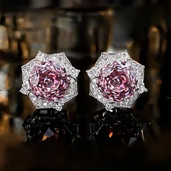 Millennium Rose Cut Purple Pink Flower Earnail Two Piece Set 925 Silver Earrings Inlaid with High Carbon Diamond Light Luxury