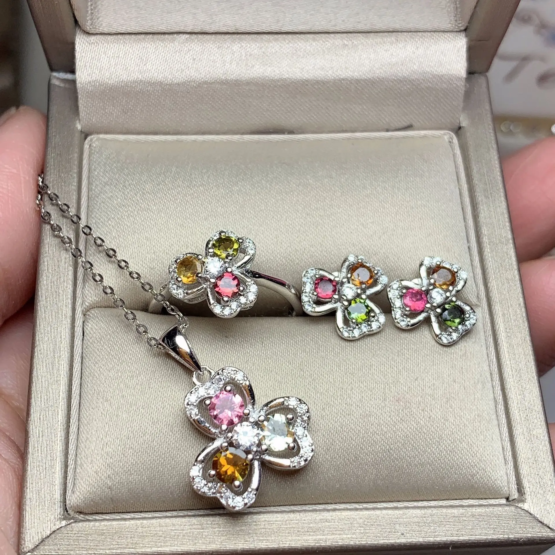 100% Natural Multicolor Tourmaline Jewelry Set 925 Silver Tourmaline Ring Earrings Pendant Fashiongemstone Jewelry Set for Party