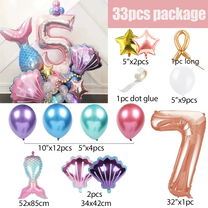 33-teiliges Ballon-Set mit Meerjungfrauenschwanz, Roségold, Zahlenfolienballon, Säulen-Set für Kindergeburtstag, Party-Dekoration, Meerjungfrau-Party, Globos – Detail 7