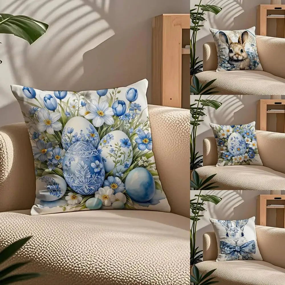 

Anime Happy Easter Blue Bunny Egg Print Pattern Pillow Case Comfort Sofa Bed Silky elegant Invisible zipper Custom Decorative cu