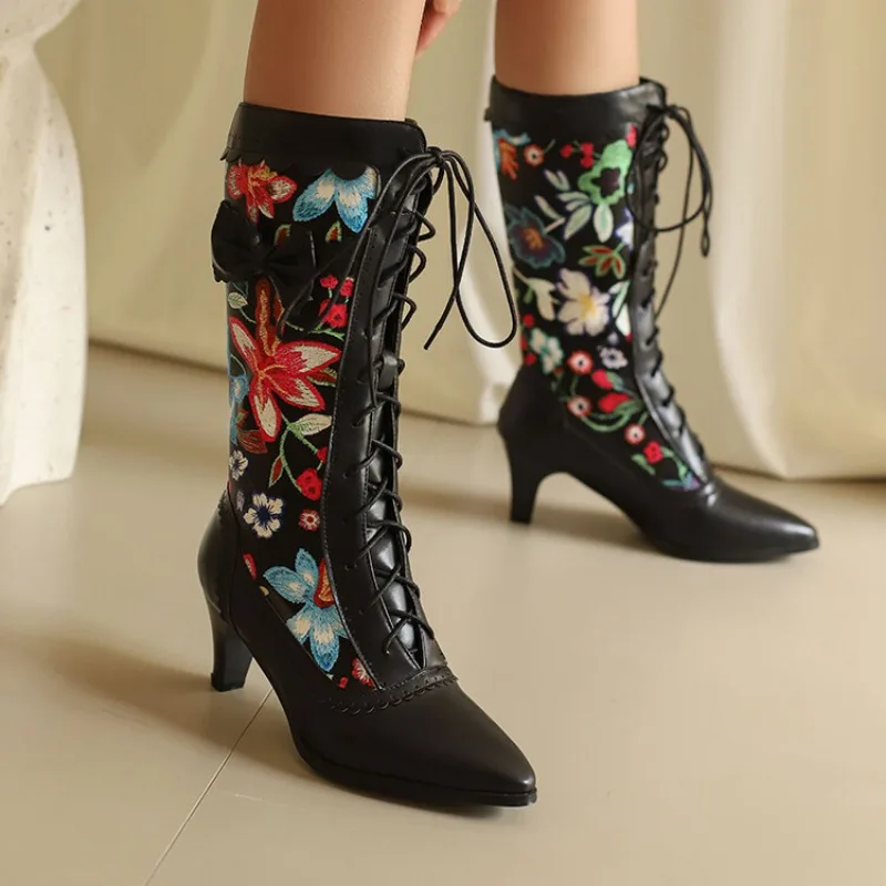 Pointed Toe Thin High Heel Knee High Boots For Women Bow Splicing Burnout Floral Front Lace Up Mid Calf Cosplay Party Footwear