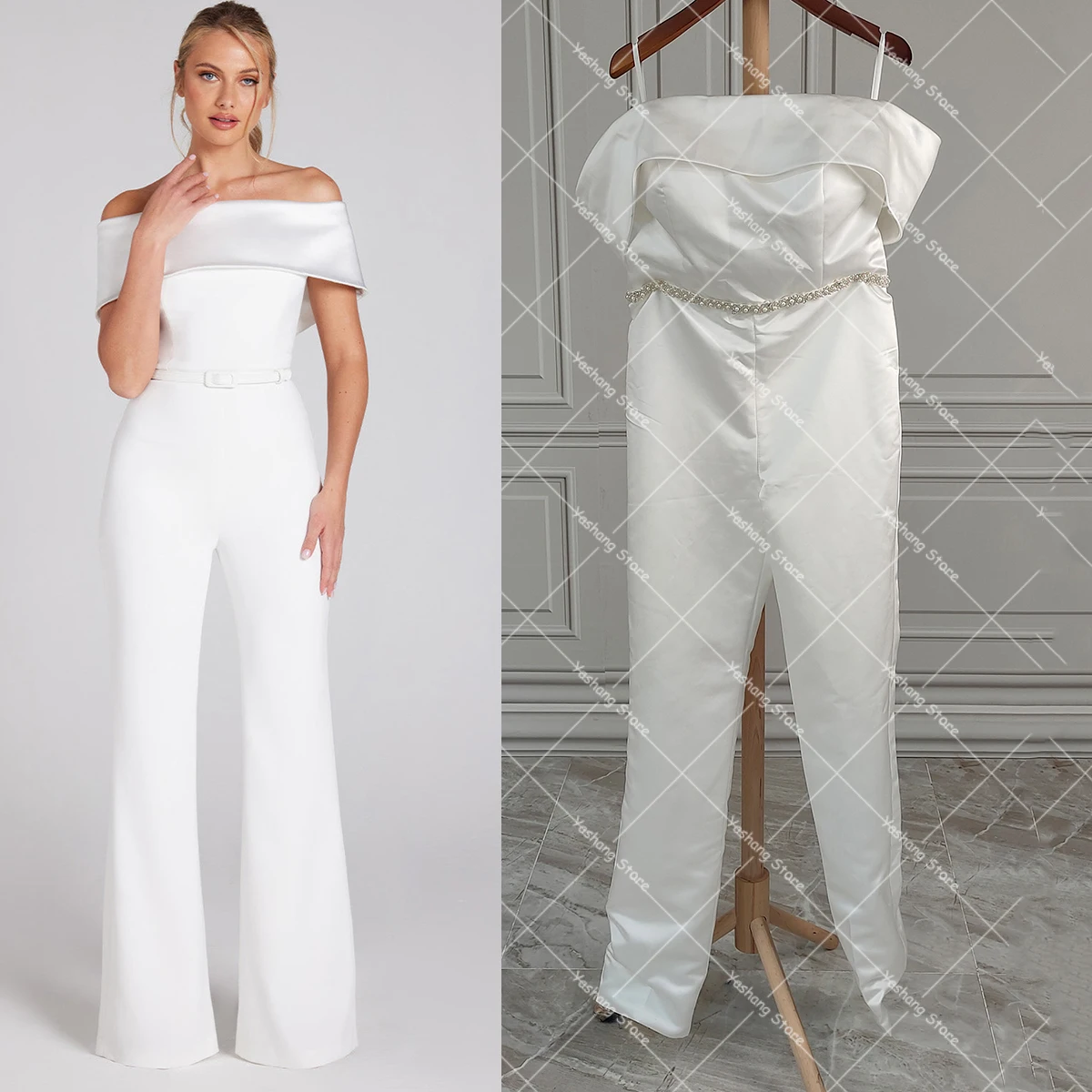 Combinaison Droite en Satin pour Patients, Simple, Ceinture Personnalisée, Longueur au Sol, Jambes Larges, Pantalon de Mariage