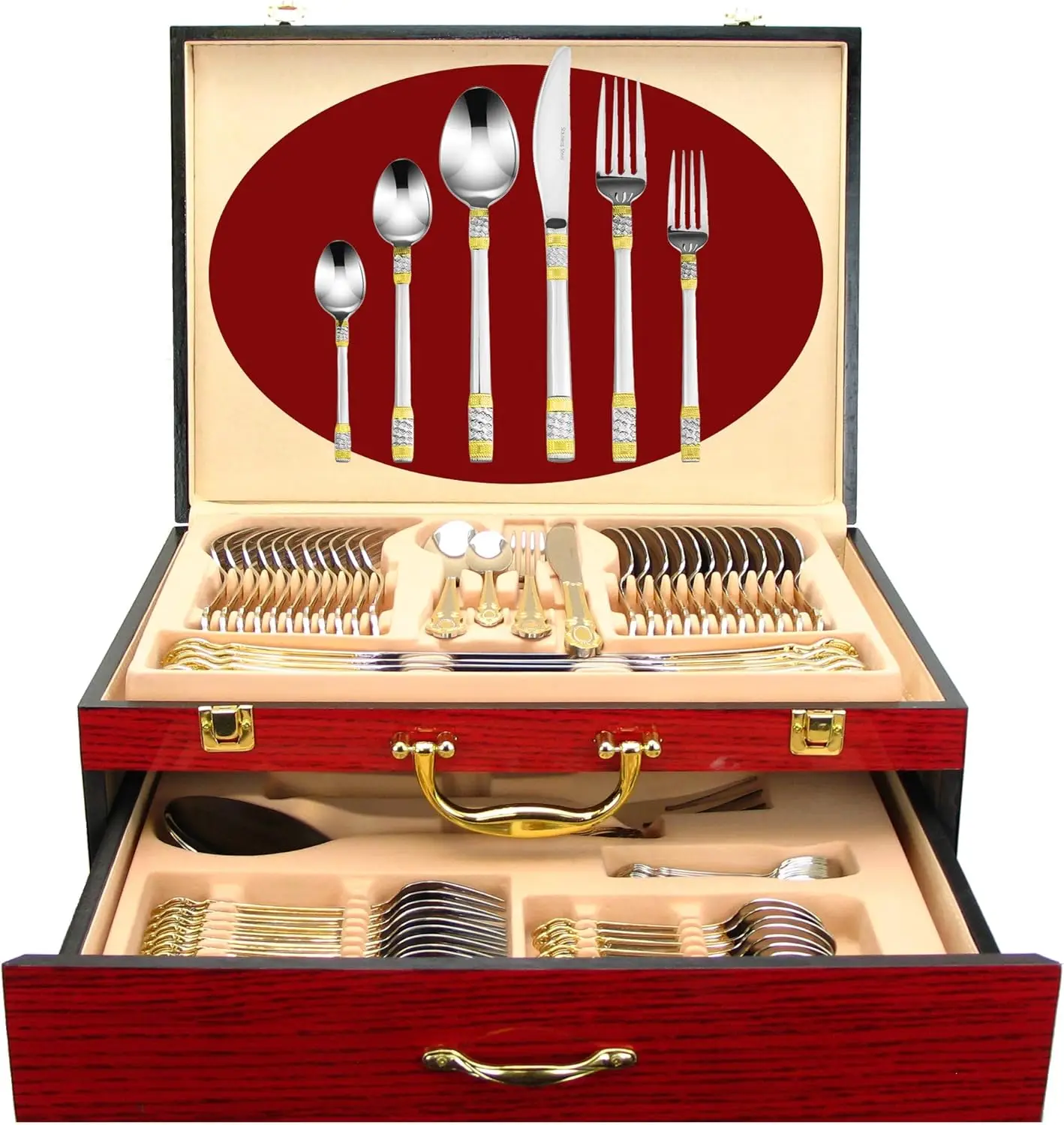 75-Pc Luxury Flatware Set for 12 w/Storage Case 24K Gold Premium Dining Cutlery Service 18/10Surgical Stainless Steel Silverware